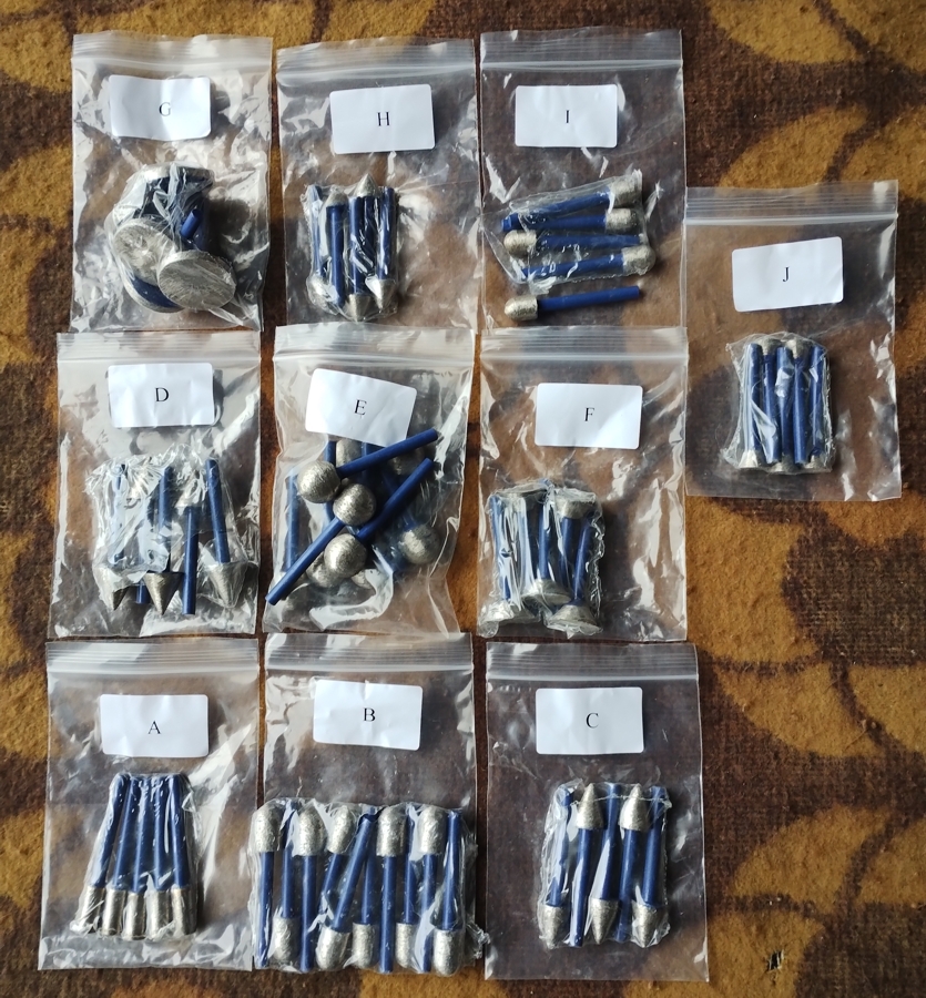 Предлагани диамантени шлайфгрифери - борчета за гранит, общ изглед на всички форми с опашка 6 мм