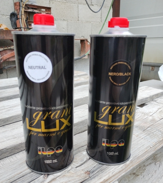 Метални кутии с течен полиращ препарат за камък Grani Lux Nero и Neutral, черен цвят и без цвят, по един литър