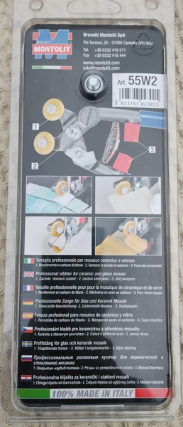 Клещи за мозайка с карбидни ролки, гръб на опаковката с инструкции за работа. Марка Montolit, Италия
